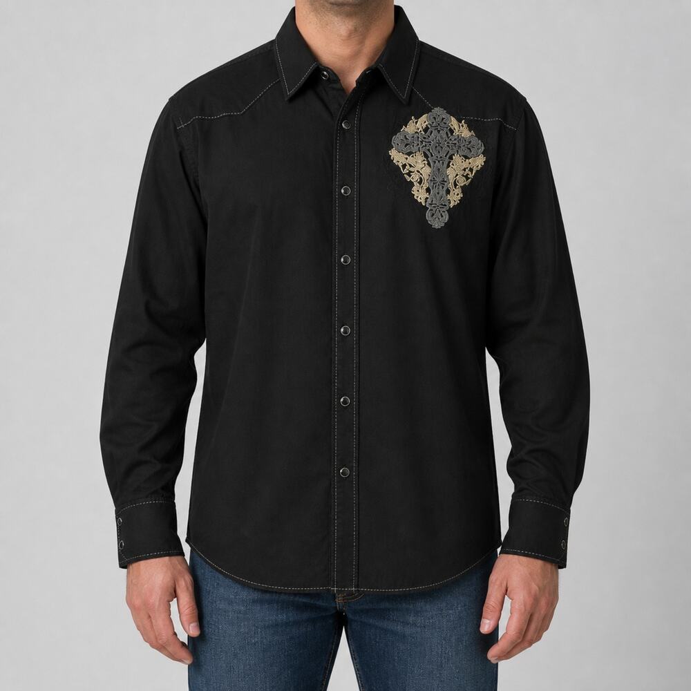 Petrol Shirt Mens XL Black Western Snap Button Cross Embroidered Long Sleeve